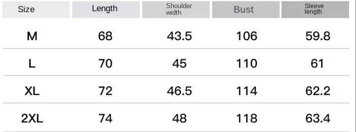 Size chart for a jacket coat with measurements in centimeters.