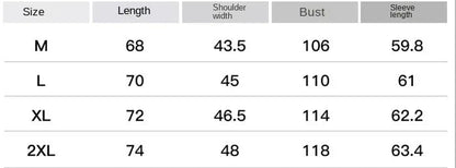 Size chart for a jacket coat with measurements in centimeters.