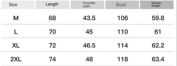 Size chart for a jacket coat with measurements in centimeters.