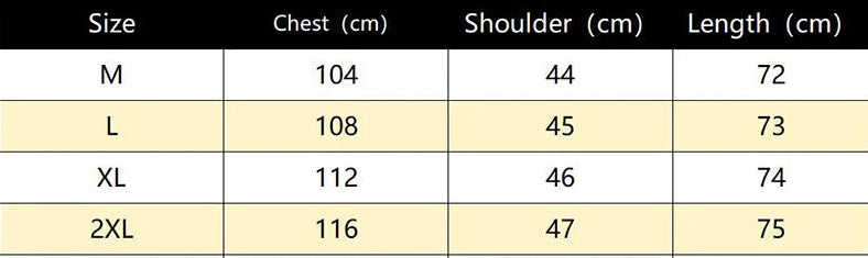 Size chart for clothing with measurements in centimeters