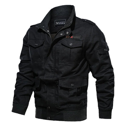 Black jacket with multiple pockets and brand logos on a gray background
