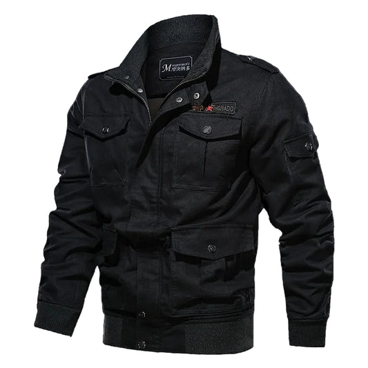 Black jacket with multiple pockets and brand logos on a gray background