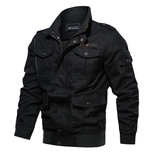 Black jacket with multiple pockets and brand logos on a gray background