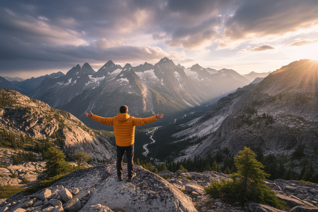 Man in a yellow jacket standing against a mountainous landscape